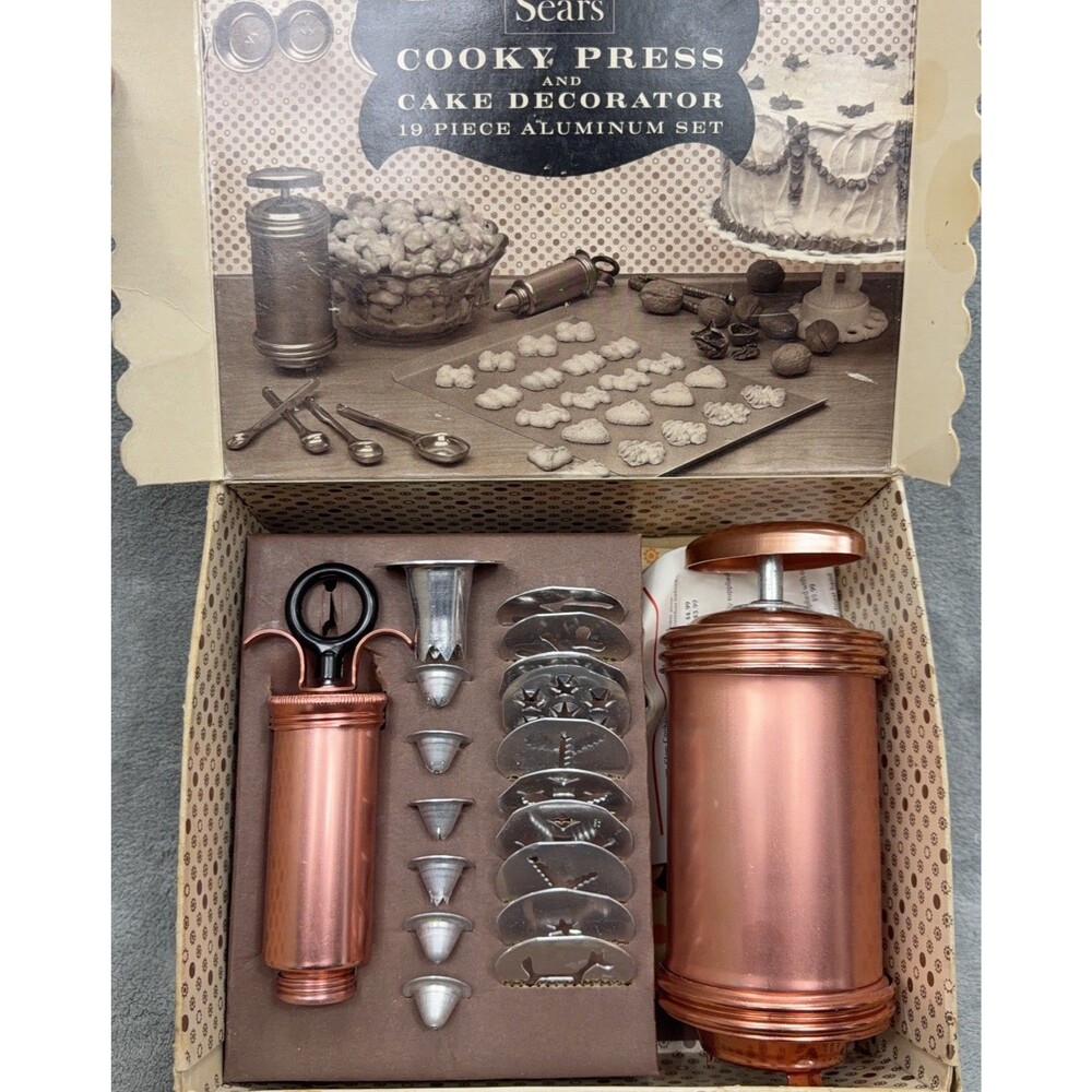 Vintage Sears Cooky Press Cake Decorator Set Baking Kitchen 19 Piece MCM Unused